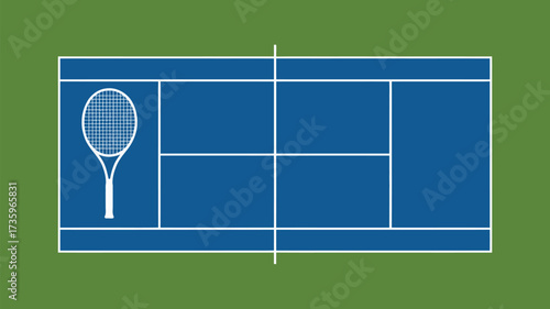 A tennis court with a blue surface and white lines and a tennis racket on the left side of the court