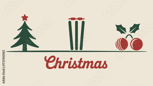 Festive christmas cricket themed graphic with tree wickets and holly design on a cream background