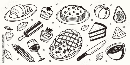 A whimsical black and white illustration featuring a variety of baked goods, fruits, and vegetables in a charming doodle style.