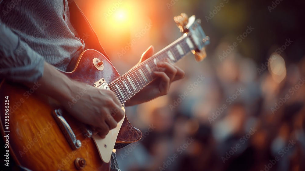 Obraz premium Close up of a guitarist passionately performing on stage during a vibrant outdoor concert at sunset