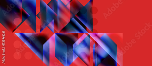 Abstract geometric composition. Red background features overlapping translucent shapes, circles, vibrant colors, modern design.