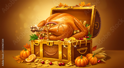 Thanksgiving turkey in treasure chest surrounded by autumn decor  
