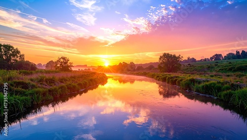 A serene river flows gently through a lush green landscape, reflecting the clear blue sky above, with sunlight sparkling on its surface.