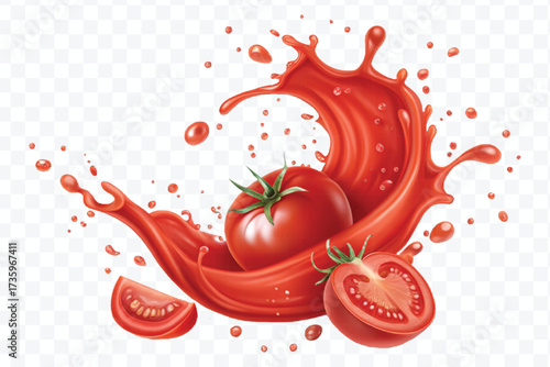 realistic 3d red tomato juice or ketchup sauce splashes in different style isolated on transparent background