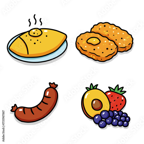 Collection of gluten-free breakfasts themed icons: omelette, hash browns, sausage, fresh fruit  