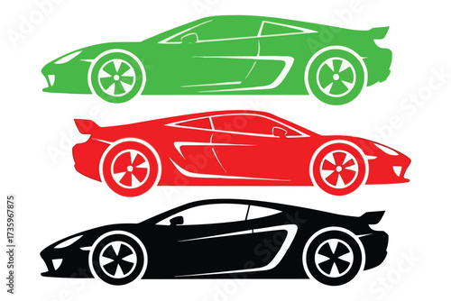 Vector art of a set of three sports car silhouettes in green, red, and black, showcasing sleek designs and dynamic lines