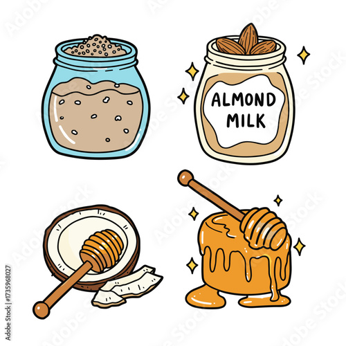 Collection of Gluten-Free Breakfasts themed icons: Chia Pudding, Almond Milk, Coconut Flakes, Honey Dipper  
