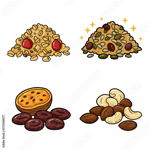 Collection of gluten-free breakfast themed icons: granola, seeds, nuts  