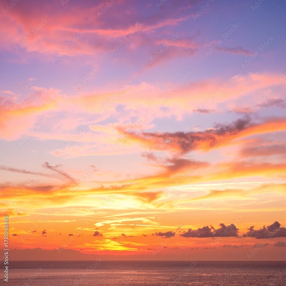 Fototapeta premium A breathtaking sunset casts vibrant hues of orange, pink, and purple across the sky, reflecting on the calm ocean waves, creating a serene atmosphere.
