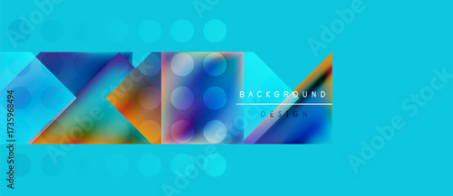 Abstract vibrant design. Geometric shapes overlap, creating colorful layers. Turquoise backdrop features subtle circles. Modern aesthetic.