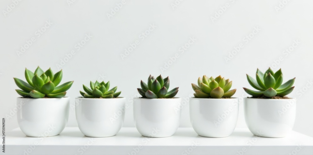 Fototapeta premium Several small succulents in different white containers on a clean white shelf , pot, decor, bedroom