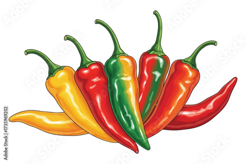 Vector art of a colorful assortment of chili peppers, , showcases a vibrant mix of yellow, red, and green hues, capturing the essence of spice and flavor