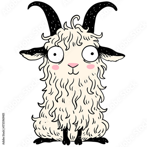 Cute fluffy goat with black horns and big eyes, illustration on transparent background for kid design.