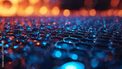 Close up of a hexagonal molecular structure illuminated with blue and orange light