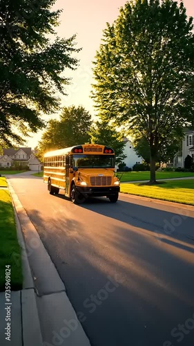 School bus driving along a quiet suburban street during sunset with lush trees and green lawns