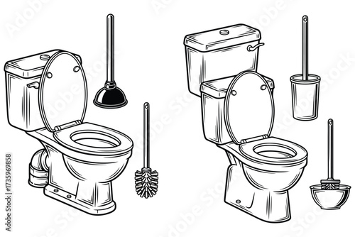 Vector art of detailed line art illustration of two toilet sets with plungers and brushes, showcasing classic plumbing fixtures