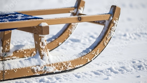 Close-up of a wooden sled covered in fresh, white snow, ready for winter fun.