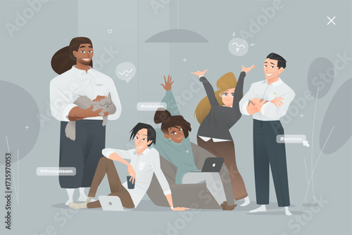 Cartoon vector illustration of a diverse business team in the office. Five professionals pose together with smiles, laptop, coffee, cat and friendly vibes. Relaxed, confident and successful group.