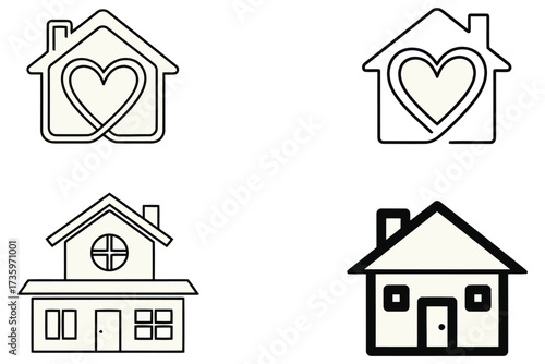 Vector art of collection of house icons with heart and simple home designs, representing love, family, and real estate