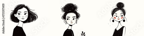 Three distinct illustrations showcase women with different hairstyles and facial expressions. Each character features a unique look, emphasizing individuality and style.