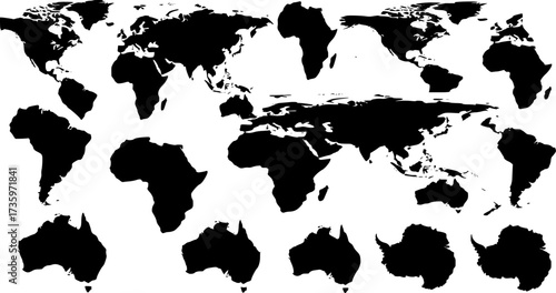 World continent silhouettes collection for maps and infographics