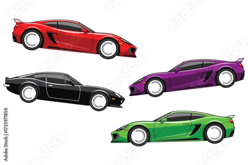 Vector art of a collection of four colorful sports cars, each with a sleek design and vibrant paint job, showcasing automotive excellence