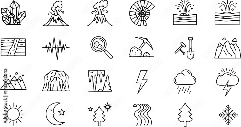 Fototapeta premium Linear icons of geology and natural phenomena featuring crystals, volcanoes, and fossils