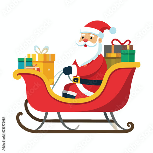 A jolly Santa Claus in a red sleigh, delivering wrapped Christmas presents.