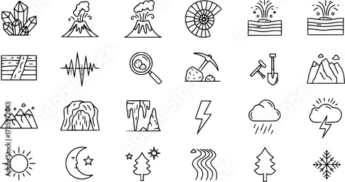 Linear icons of geology and natural phenomena featuring crystals, volcanoes, and fossils
