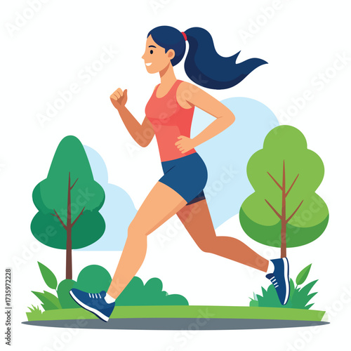 A woman is running in a park with trees and bushes, enjoying a healthy outdoor activity.