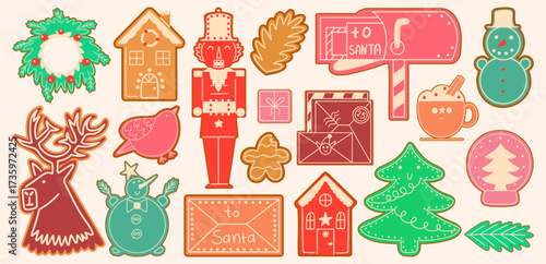 Christmas gingerbread cookie set. Xmas biscuit. Winter festive vector collection. Funny bread snowman,  nutcracker, reindeer, wreath and other winter festive element