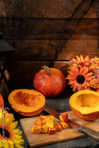 oranger Kürbis im Herbst auf einem Tisch aus Holz