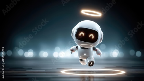 Cute futuristic AI robot with glowing halo, friendly android character in sci-fi digital world, advanced artificial intelligence and technology concept