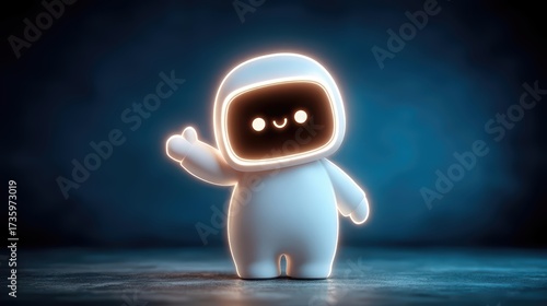 AI robot takes off bright light portal Digital cute chatbot character, Tech innovation concept Blue futuristic technology background Vector illustration