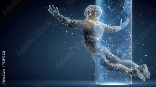 Futuristic wireframe astronaut floating in space with glowing polygon mesh body, digital low poly cosmic exploration technology concept