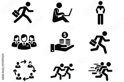 Vector art of set of business and career icons includes teamwork, leadership, finance, and success in a simple black silhouette style