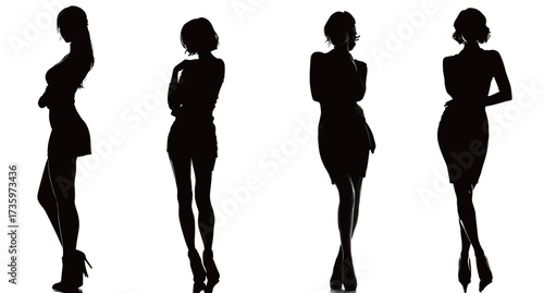Four distinct silhouettes of women showcase elegant poses in stylish clothing. The scene occurs during a fashion event, highlighting grace and confidence.