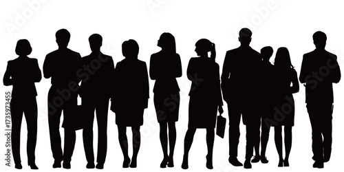 A diverse group of silhouettes representing men and women in business attire stands together. They display various poses while conveying a sense of unity and professionalism.