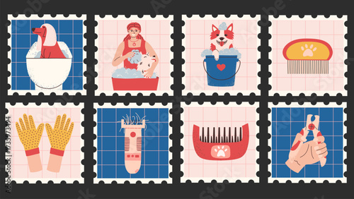 Pet grooming stamps set. Dogs getting baths, groomer, and  supplies in a postage stamp. Vector design.