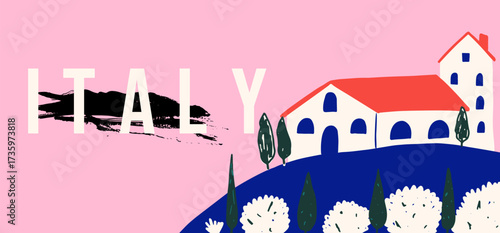 Italian landscape design. Buildings with red roofs atop a blue hill, cypress trees.Travel banner.