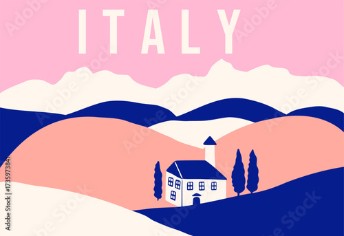 Italy minimalist graphic landscape design. Simple graphic mountains, building, cypress. Travel banner, poster. Summer vector illustration