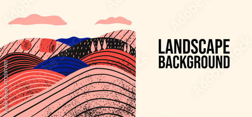 Landscape art trendy vintage vector illustration. Hand drawn hills and fields. Retro countryside. Travel poster, banner.