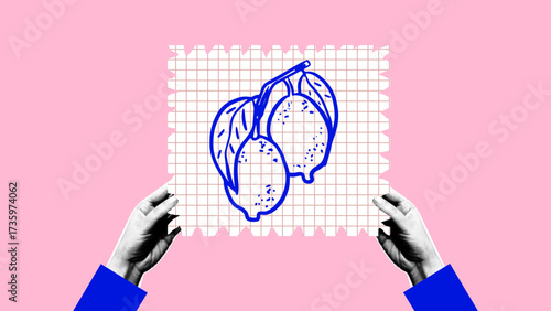Set of retro collage  with halftone hands hold grid paper with hand drawn lemons illustration. Graphic vector design