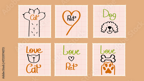 Funny conceptual pets postal stamps. Animal sticker, postcard print design. Dog face and cat paw. Retro elements with handwritten text.
