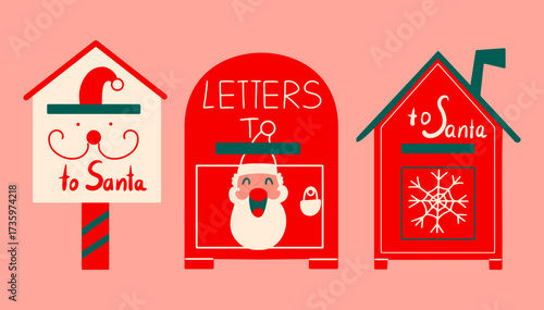 Set of mailboxes for letters to Santa Claus. Christmas holiday flat design elements. Happy New Year artwork. Elements for banners, posters, and social media.