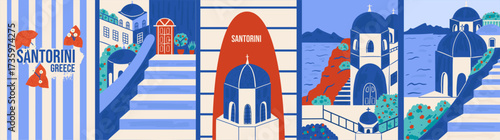 Vector travel  Santorini island, Greece posters. Retro vacations cards, banner. Mediterranean  summer design.