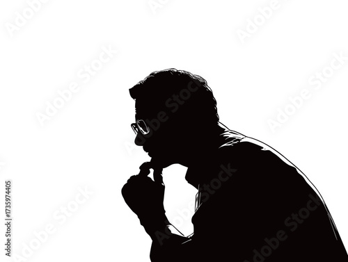 A man is silhouetted, lost in deep thought, with his hand near his mouth. The background is bright, highlighting his contemplative pose. The scene evokes introspection.
