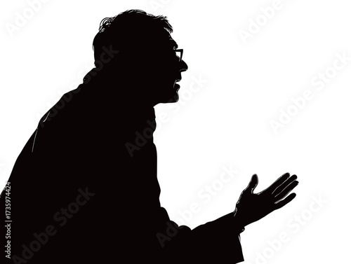 A person is depicted in profile, animatedly gesturing during an intense discussion. The stark contrast highlights their expressive stance and engagement.