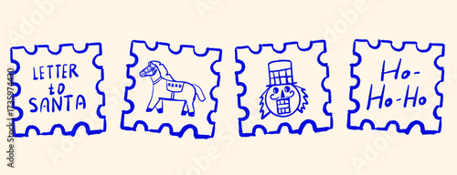 Christmas design vintage postage stamps with horse, nutcracker, ho-ho-ho element. Vector hand drawn cards collection.