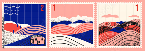 Set of postal art stamps with vintage Italian landscapes. Travel postcards. Vacation hand drawn set.